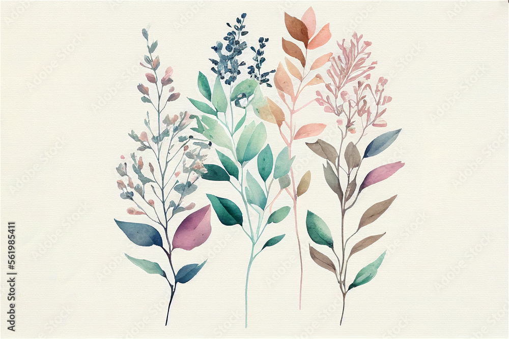 Drawings of various leaf and branches, nature inspired, made with watercolor and pastel colors Generative AI illustration - obrazy, fototapety, plakaty 