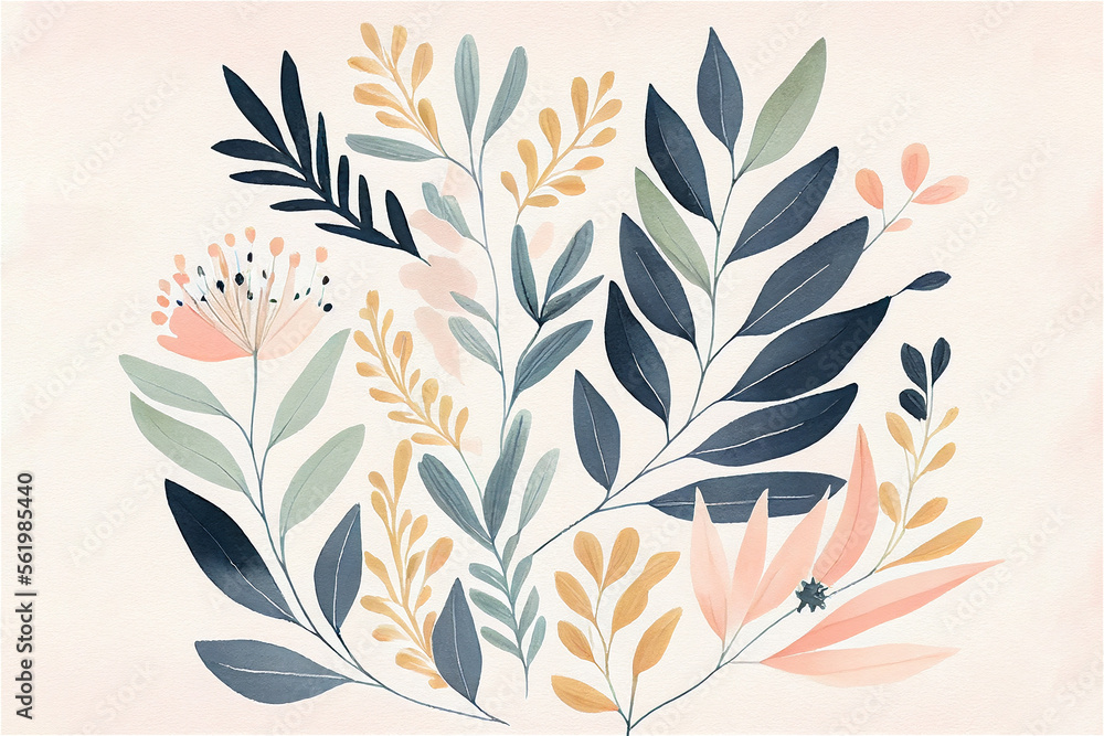 Drawings of various leaf and branches, nature inspired, made with watercolor and pastel colors Generative AI illustration - obrazy, fototapety, plakaty 