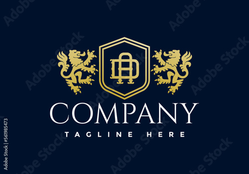 Luxury Lion crest heraldry logo. Elegant gold heraldic shield icon.