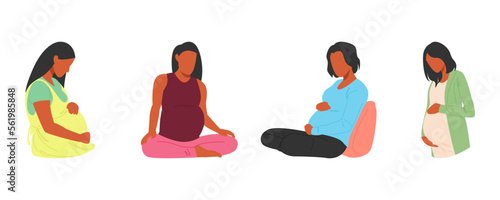 set collection of several african american pregnant women. different poses. concept of mother, baby, health, etc. for poster, banner, web design, etc. vector illustration flat style.