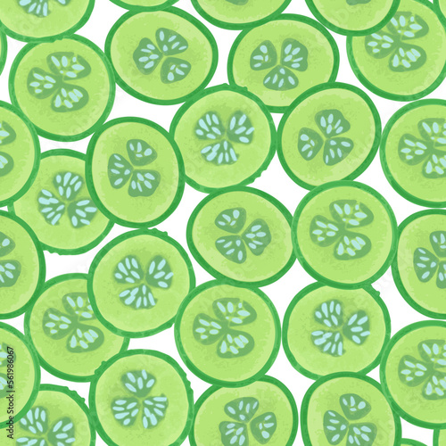 Seamless pattern with cucumber slices. Vector illustration in hand drawn style.