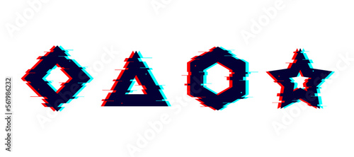 Glitch distorted geometric shapes set. Square, triangle, star, hexagon with TV or vhs noise. Futuristic destroyed design elements collection. Pixilated boxes frames.