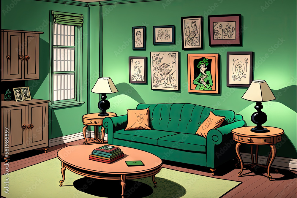 Mock up of a home's interior featuring a green sofa, table, and living room dcor. Generative AI Mock up of a home's interior featuring a green sofa, table, and living room dcor. Generative AI