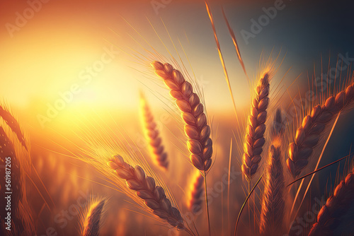 Wheat field. Ears of golden wheat close up. Beautiful Nature Sunset Landscape. Rural Scenery under Shining Sunlight. Background of ripening ears of wheat field. Rich harvest Concept. Label art design