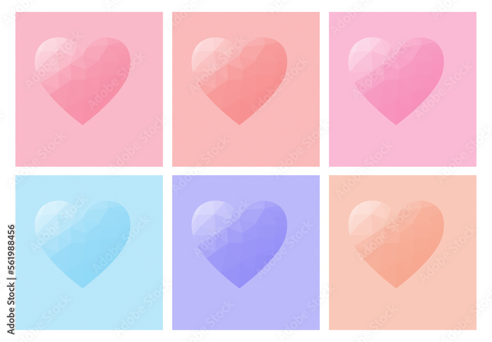 Set of low polygon mix color hearts shape on pastel background. Illustration low polygon heart  for Valentine's Day and wedding invitation cards simple of love concept.
