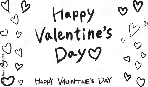 Happy Valentine's Day　手書き文字とハートのイラストセット（モノクロ）