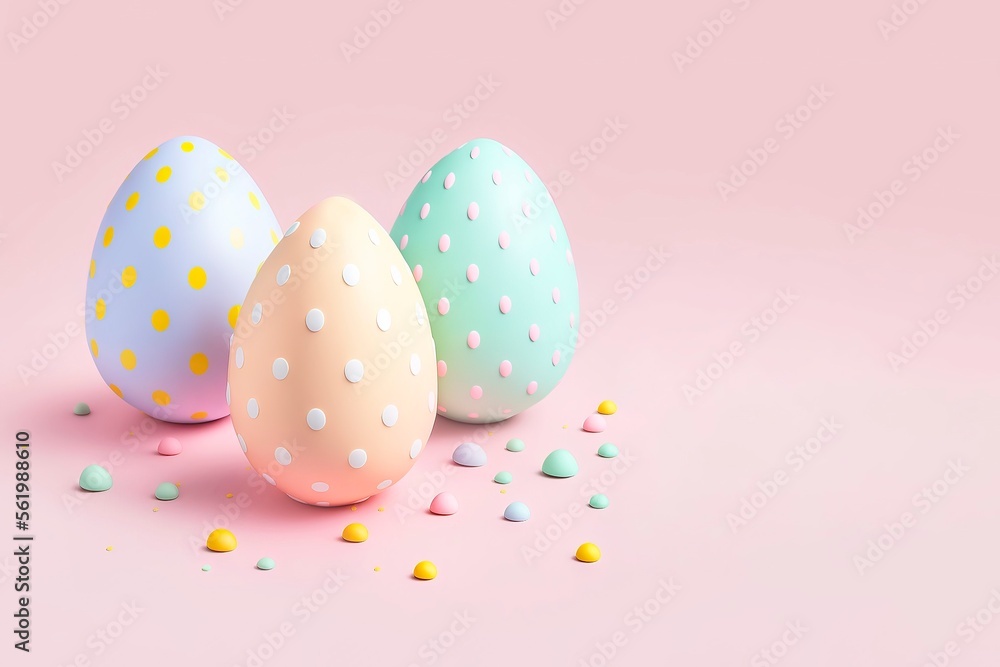 Creative colorful arrangement of painted pink blue yellow eggs isolated on light pastel background. generative ai