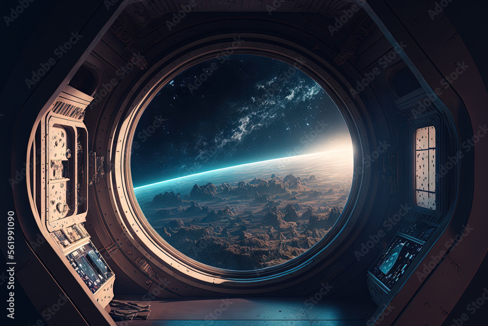 Bright spaceship interior with a view out a dark window. Generative AI