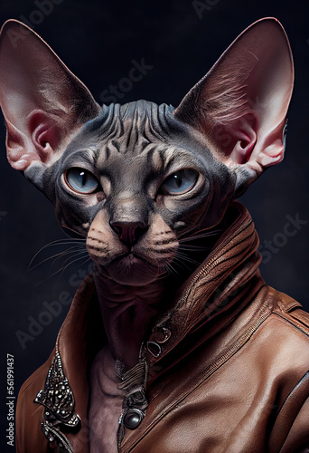 Sphynx Cat Breed Portrait wears a leather jacket