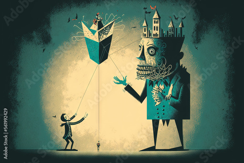 Murais de parede Abstract surreal control concept with a puppet and puppeteer performance illustration