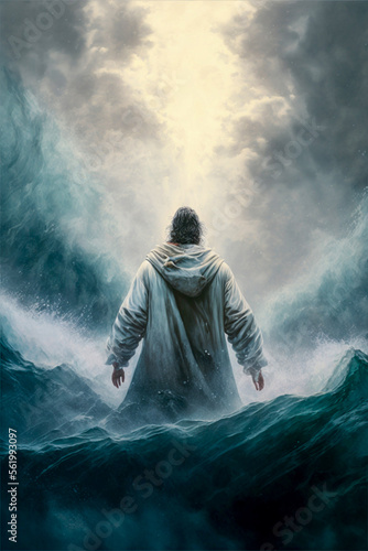 Jesus walking on the sea, AI