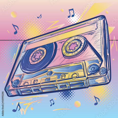 Drawn colorful musical audio cassette design