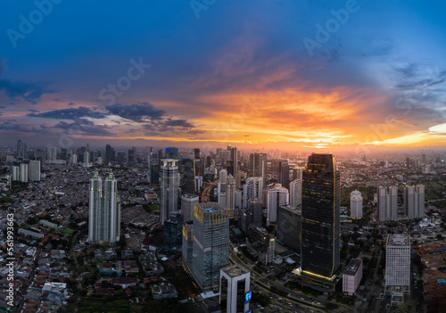 Fototapeta Naklejka Na Ścianę i Meble -  Jakarta Panoramic from Sudirman street view during the golden hour. Jakarta is capital city of indonesia before it be moved to Kalimantan.