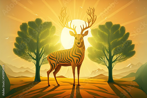 Concept Conserve the environment Tiger in a wildlife reserve Deer Worldwide warming Ecology of Food Loaf Tigers  deer  trees  and other wild species are being protected by human s. background green s
