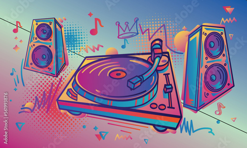 Drawn turntable with speakers and graffiti arrows, colorful funky music design