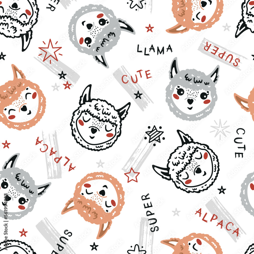 Fototapeta premium Cute Llama Face Seamless Pattern. Funny Alpaca Head. Vector Cartoon Little Baby Animal. Vector Childish Background for Kids Fashion Design.