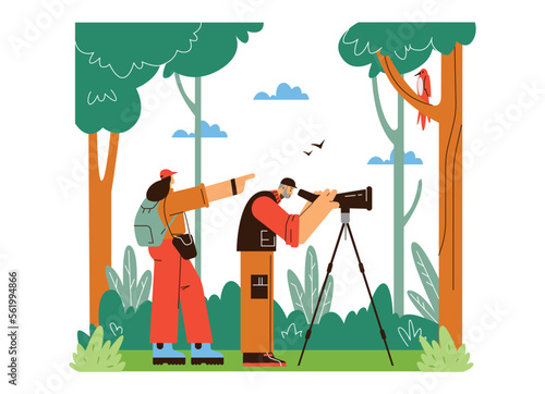 People watching exotic birds in the forest, flat vector illustration.