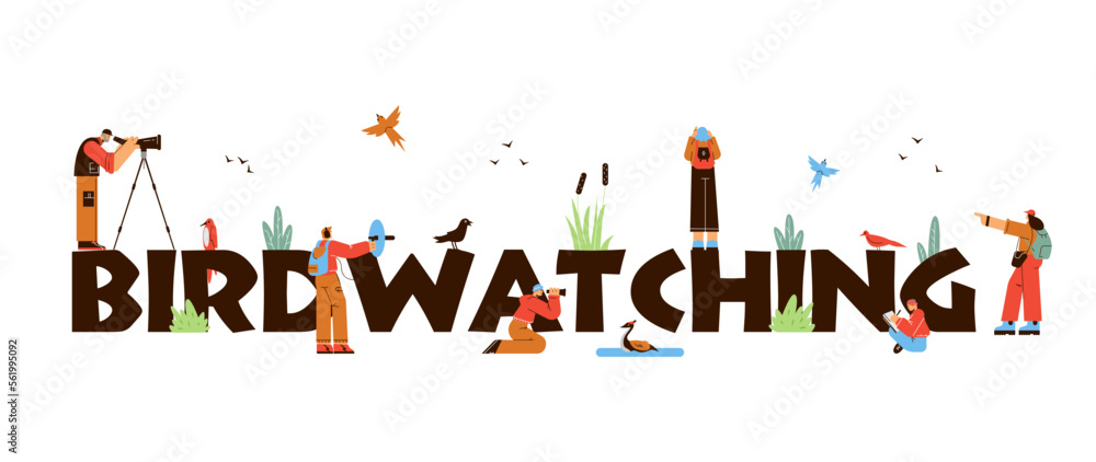 Birdwatching typographic header, flat vector illustration isolated on white background.