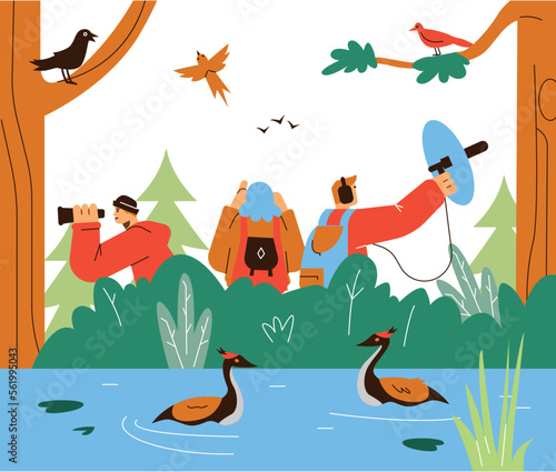 Group of young people observing exotic birds in the forest, flat vector illustration.