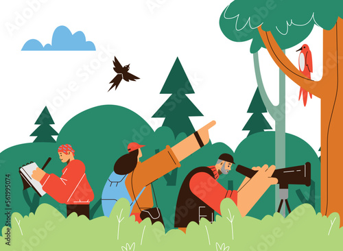 Ornithologists or birds watchers working in forest flat vector illustration.