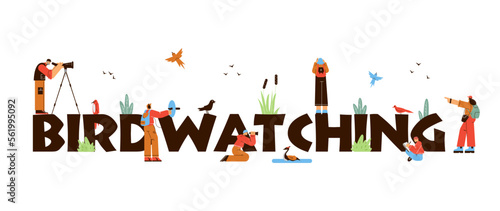 Birdwatching typographic header, flat vector illustration isolated on white background.