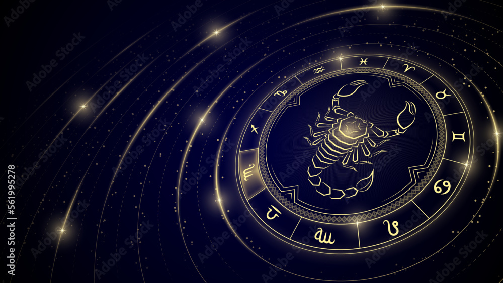 Scorpio Zodiac Symbol, Wheel of Twelve Sign, Glowing Ray of Star Light