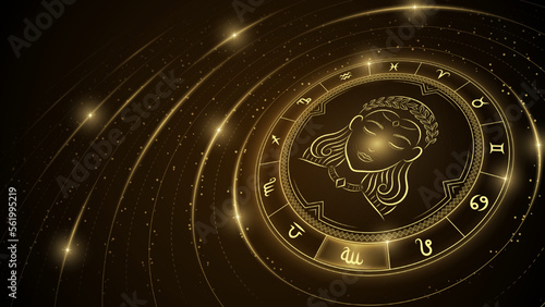 Virgo Zodiac Symbol, Wheel of Twelve Sign, Glowing Ray of Star Light in Space, Horoscope and Astrology Concept Element for Fortune-Telling, Stellar Backdrop Background Vector Illustration.