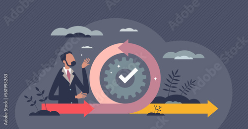 Agile management application principles for lean method flow tiny person concept. Software development process framework and technique for effective order to launch product vector illustration.