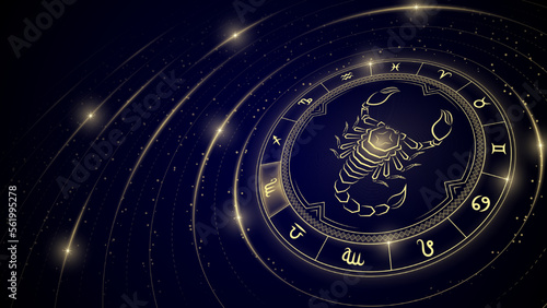 Scorpio Zodiac Symbol, Wheel of Twelve Sign, Glowing Ray of Star Light in Space, Horoscope and Astrology Concept Element for Fortune-Telling, Stellar Backdrop Background Vector Illustration.