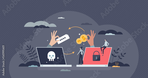 Ransomware data leaking threat in exchange for money tiny person concept. Criminal hacker attack with crypto extortion method vector illustration. Personal file safety risk alert with victim computer.