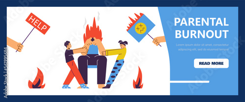 Parental burnout banner or flyer design, flat cartoon vector illustration.