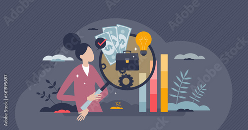Transparent business with public information sharing tiny person concept. Reports with financial, employees and tax situation in company vector illustration. Cooperative honesty, integrity or clarity