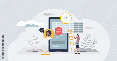 Timesheets usage in phone for effective time management tiny person concept. Digital business timetable with daily, weekly or monthly tasks organizer and appointment calendar vector illustration.