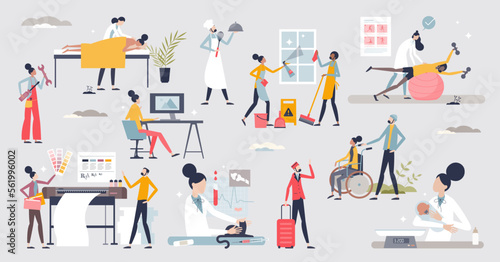 Fototapeta Naklejka Na Ścianę i Meble -  Service business set with assistance occupation elements tiny person concept. Support customer needs for healthcare, cleaning, design, vet or repair with professional company staff vector illustration