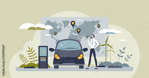 EV charging stations network with plug in recharge map tiny person concept. Global power grid for electric vehicles with supercharger infrastructure vector illustration. Battery supply coverage.