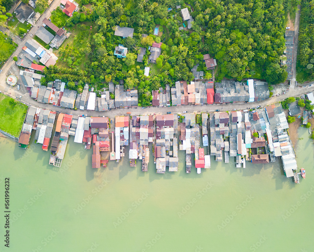 October 20, 2022 Koh Lanta, Thailand : Koh Lanta Old Town. Aerial photography of the fishing village and its colorful houses in the Old Town Koh Lanta Thailand