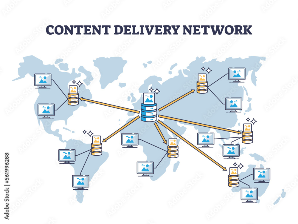 CDN content delivery network for information distribution outline concept. Global server connection for effective website performance vector illustration. Database optimization for fast browsing.