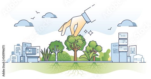 Green spaces in urban environment with tree city park area outline concept. Nature friendly vegetation in ecological and modern town for fresh air vector illustration. Beautiful and lush landscape.