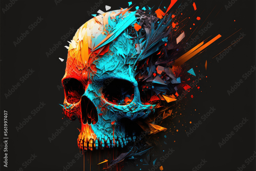 Fototapeta premium Colorful Abstract Skull on Fire on Black Background - High Resolution, Seamless, Customizable - Perfect for Dark, Aesthetic Themed Projects, Graphic Design, Album Covers, Horror Themed Projects