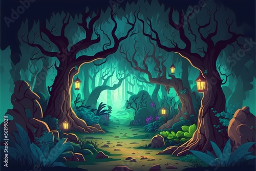 Mystical forest illustration, cartoon style landscape,endless nature background for Game Development