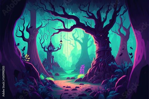 Mystical forest illustration, cartoon style landscape,endless nature background for Game Development
