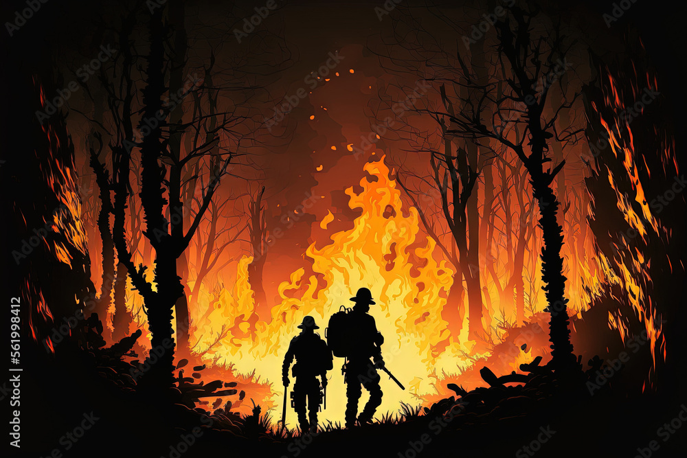 Silhouette of Firemen fighting a raging fire with huge flames of burning timber. Generative AI