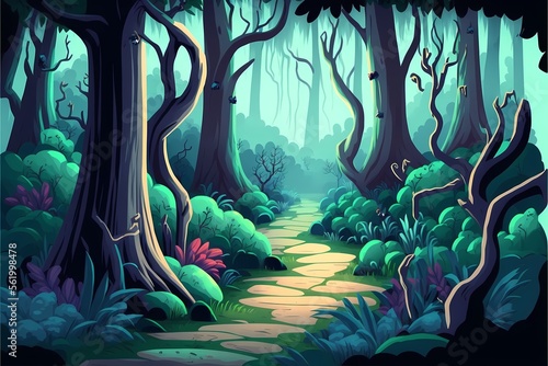 Mystical forest illustration, cartoon style landscape,endless nature background for Game Development © arlila