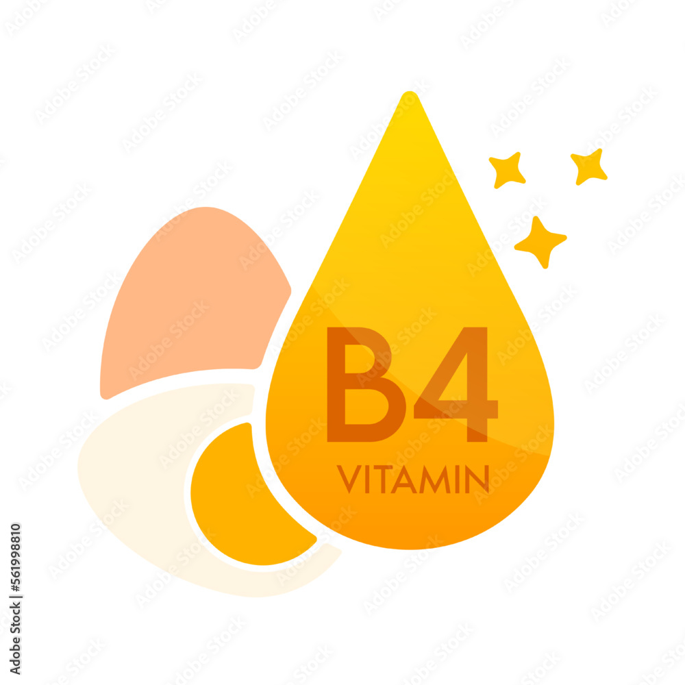 Vitamin B4 icon orange with egg yellow. Form drop serum simple line isolated on a white background. Design for use in print media. Medical food supplement symbol. Vector EPS10. Vitamin B4 icon orange with egg yellow. Form drop serum simple line isolated on a white background. Design for use in print media. Medical food supplement symbol. Vector EPS10.