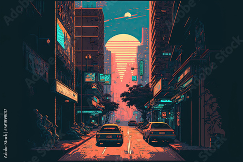 Cyberpunk city street. Sci-fi wallpaper. Futuristic city scene in a style  of pixel art. Urban scene. Generative AI. 22452074 Stock Photo at Vecteezy