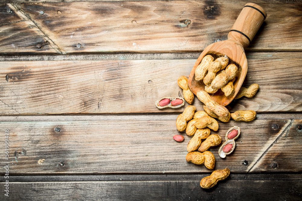 Fototapeta premium Peanuts in a wooden scoop .