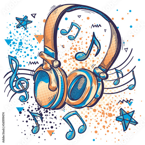 Music design - colorful drawn musical headphones and notes