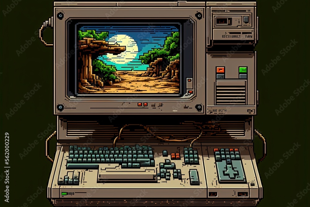 Pixel art old computer with landscape wallpaper, background in retro style for 8 bit game, Generative AI Pixel art old computer with landscape wallpaper, background in retro style for 8 bit game, Generative AI