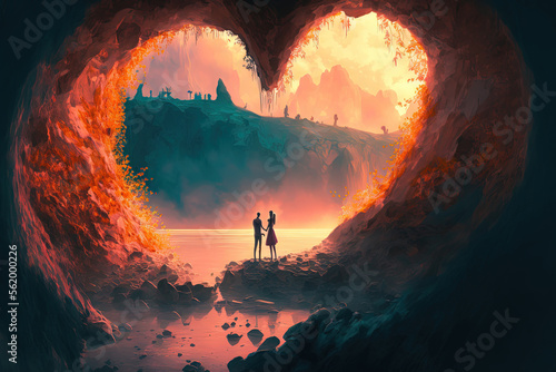 Love idea painting of a man and woman with a heart cave, illustration, conceptual art, and fantasy natural scenery. Generative AI