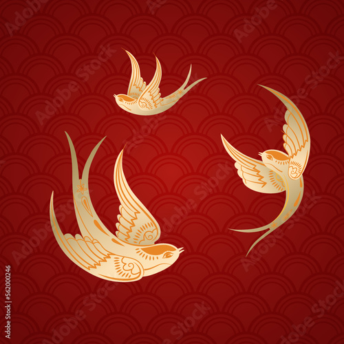 Golden swallow flying on red wave background